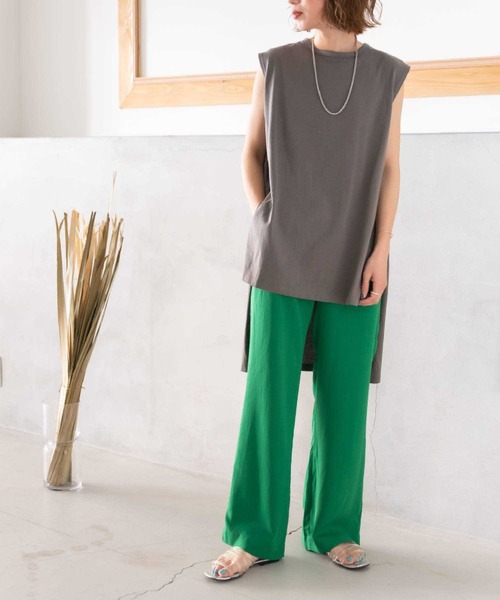 bohmal（ボマール）の「リネン風フレアカラーパンツ（スラックス・レディース・イエロー/グリーン・MEDIUM/LARGE）」の5枚目の写真