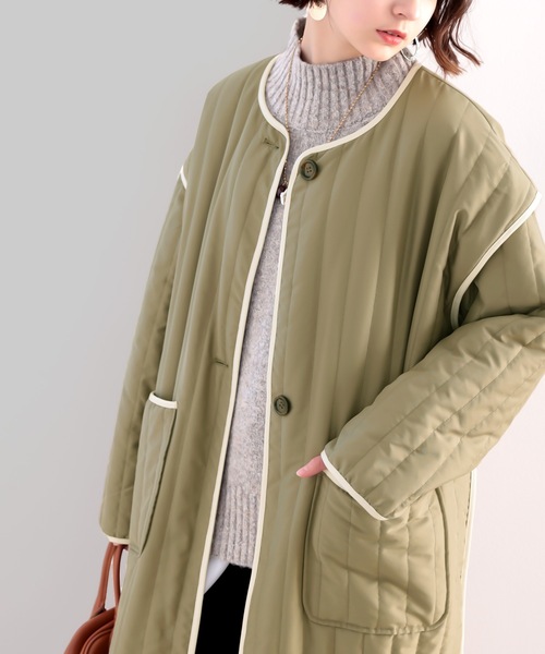 classicalelf(クラシカルエルフ)の「キルティング×パイピング。異素材キルティングコート(ノーカラーコート・レディース・ブラック/オリーブ/ベージュ系その他・MEDIUM/LARGE/X-LARGE)」の3枚目の写真