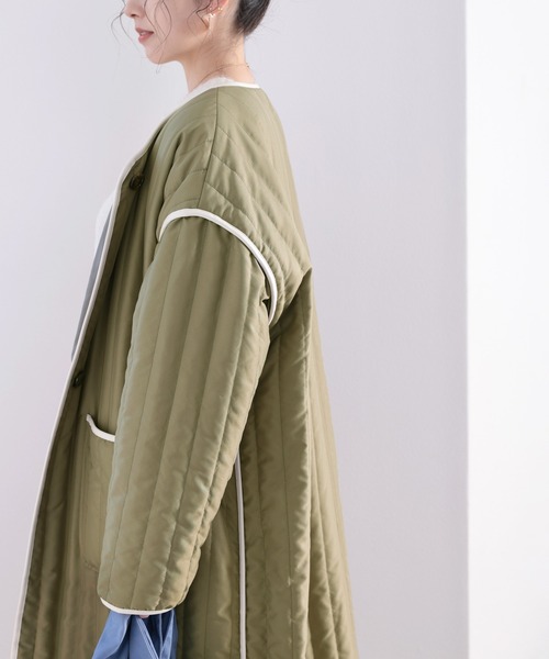 classicalelf(クラシカルエルフ)の「キルティング×パイピング。異素材キルティングコート(ノーカラーコート・レディース・ブラック/オリーブ/ベージュ系その他・MEDIUM/LARGE/X-LARGE)」の4枚目の写真