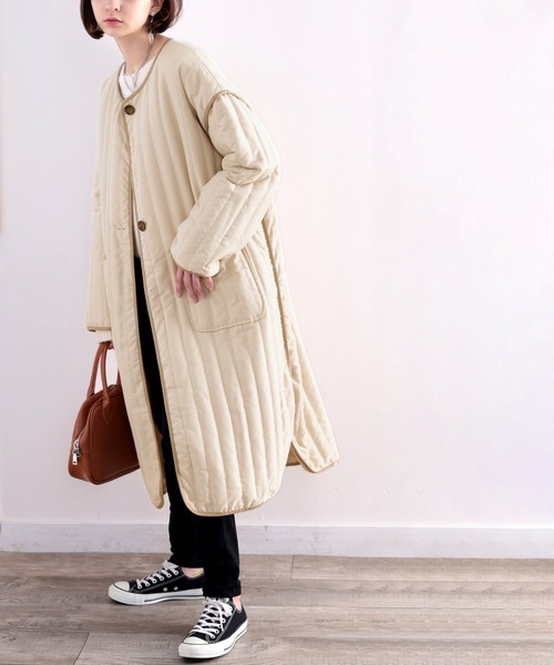 classicalelf(クラシカルエルフ)の「キルティング×パイピング。異素材キルティングコート(ノーカラーコート・レディース・ブラック/オリーブ/ベージュ系その他・MEDIUM/LARGE/X-LARGE)」の21枚目の写真