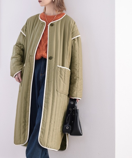 classicalelf(クラシカルエルフ)の「キルティング×パイピング。異素材キルティングコート(ノーカラーコート・レディース・ブラック/オリーブ/ベージュ系その他・MEDIUM/LARGE/X-LARGE)」の7枚目の写真