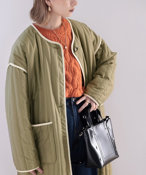 classicalelf(クラシカルエルフ)の「キルティング×パイピング。異素材キルティングコート(ノーカラーコート・レディース・ブラック/オリーブ/ベージュ系その他・MEDIUM/LARGE/X-LARGE)」の9枚目の写真