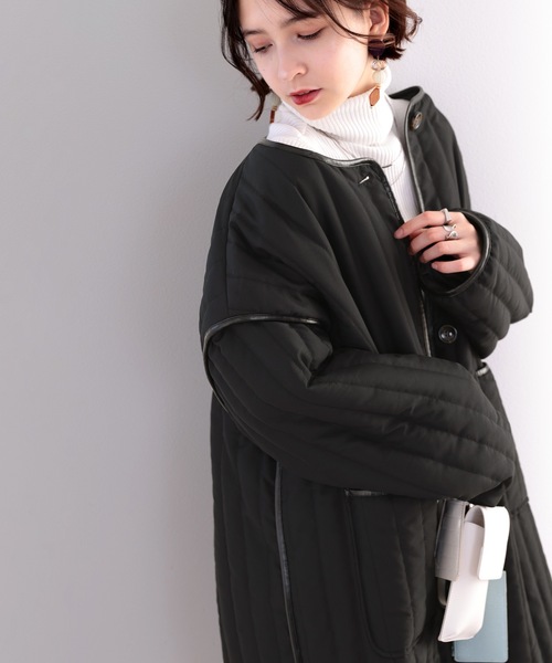 classicalelf(クラシカルエルフ)の「キルティング×パイピング。異素材キルティングコート(ノーカラーコート・レディース・ブラック/オリーブ/ベージュ系その他・MEDIUM/LARGE/X-LARGE)」の10枚目の写真