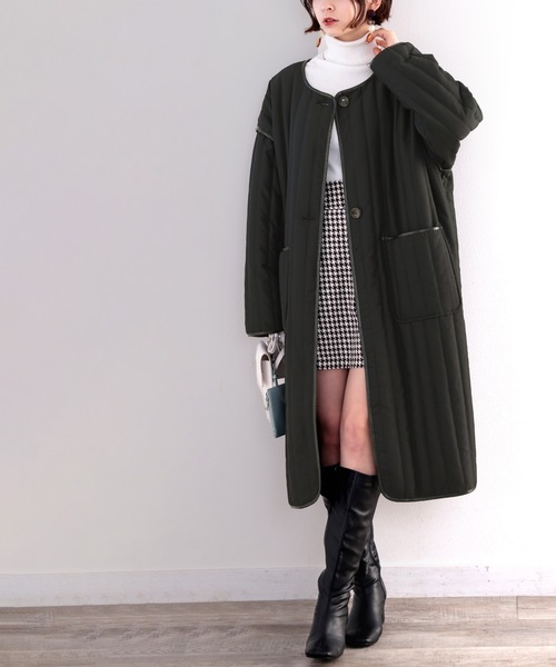 classicalelf(クラシカルエルフ)の「キルティング×パイピング。異素材キルティングコート(ノーカラーコート・レディース・ブラック/オリーブ/ベージュ系その他・MEDIUM/LARGE/X-LARGE)」の11枚目の写真