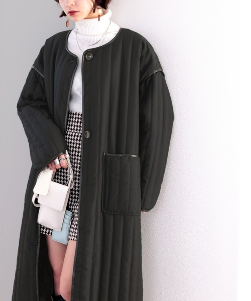 classicalelf(クラシカルエルフ)の「キルティング×パイピング。異素材キルティングコート(ノーカラーコート・レディース・ブラック/オリーブ/ベージュ系その他・MEDIUM/LARGE/X-LARGE)」の12枚目の写真