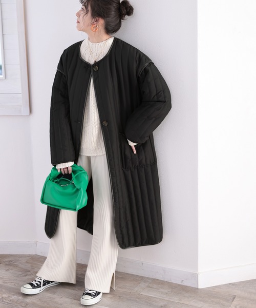 classicalelf(クラシカルエルフ)の「キルティング×パイピング。異素材キルティングコート(ノーカラーコート・レディース・ブラック/オリーブ/ベージュ系その他・MEDIUM/LARGE/X-LARGE)」の13枚目の写真