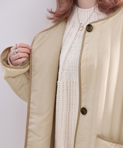 classicalelf(クラシカルエルフ)の「キルティング×パイピング。異素材キルティングコート(ノーカラーコート・レディース・ブラック/オリーブ/ベージュ系その他・MEDIUM/LARGE/X-LARGE)」の16枚目の写真