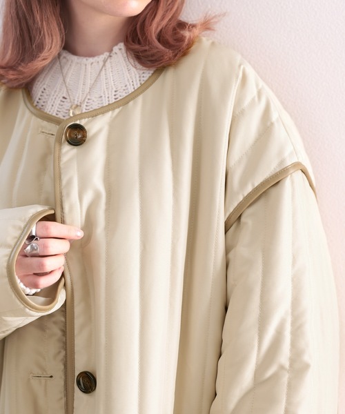 classicalelf(クラシカルエルフ)の「キルティング×パイピング。異素材キルティングコート(ノーカラーコート・レディース・ブラック/オリーブ/ベージュ系その他・MEDIUM/LARGE/X-LARGE)」の14枚目の写真