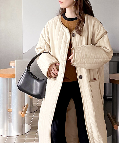 classicalelf(クラシカルエルフ)の「キルティング×パイピング。異素材キルティングコート(ノーカラーコート・レディース・ブラック/オリーブ/ベージュ系その他・MEDIUM/LARGE/X-LARGE)」の17枚目の写真