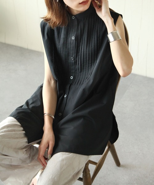 Chillfar(チルファー)の「ピンタックフレンチスリーブシャツチュニック(シャツ/ブラウス・レディース・ホワイト/ブラック・FREE)」の10枚目の写真