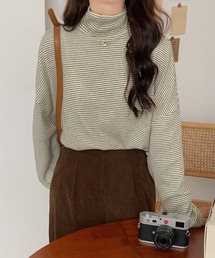 ハーフボーダーハイネックボリュームスリーブロンTee