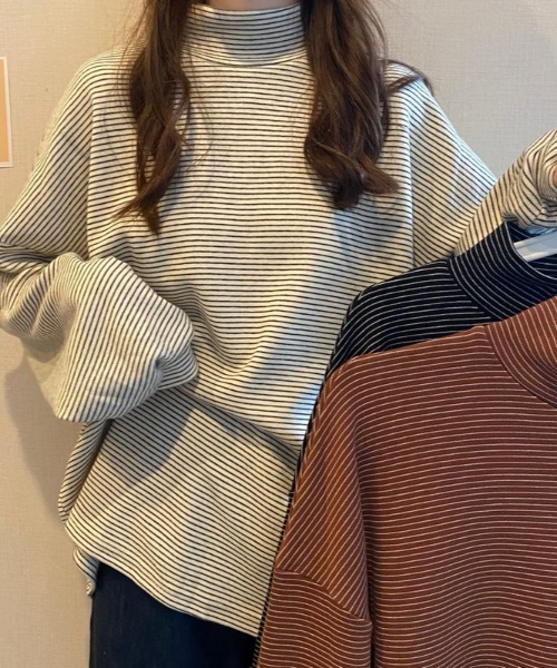 Diosfront(ディオスフロント)の「ハーフボーダーハイネックボリュームスリーブロンTee(Tシャツ/カットソー・レディース・ホワイト/ブラック/ブラウン・FREE)」の6枚目の写真