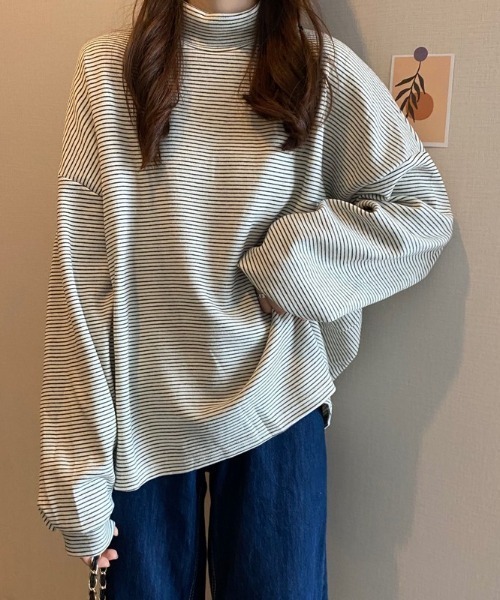 Diosfront(ディオスフロント)の「ハーフボーダーハイネックボリュームスリーブロンTee(Tシャツ/カットソー・レディース・ホワイト/ブラック/ブラウン・FREE)」の9枚目の写真