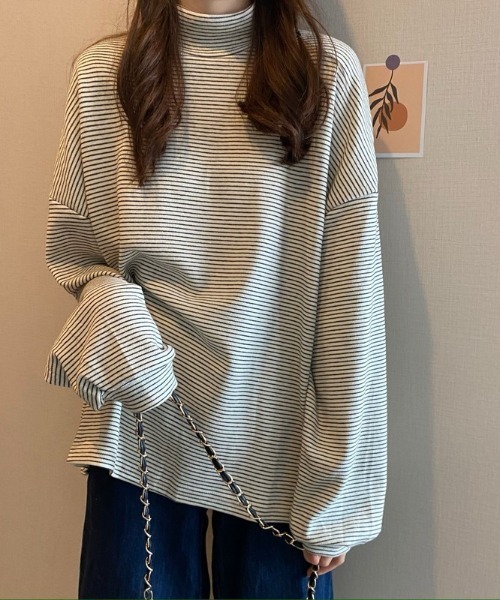 Diosfront(ディオスフロント)の「ハーフボーダーハイネックボリュームスリーブロンTee(Tシャツ/カットソー・レディース・ホワイト/ブラック/ブラウン・FREE)」の10枚目の写真