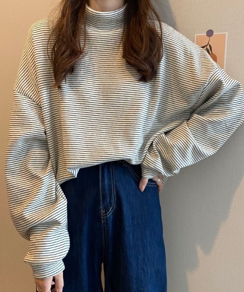 Diosfront(ディオスフロント)の「ハーフボーダーハイネックボリュームスリーブロンTee(Tシャツ/カットソー・レディース・ホワイト/ブラック/ブラウン・FREE)」の12枚目の写真