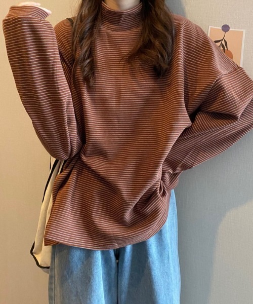 Diosfront(ディオスフロント)の「ハーフボーダーハイネックボリュームスリーブロンTee(Tシャツ/カットソー・レディース・ホワイト/ブラック/ブラウン・FREE)」の13枚目の写真