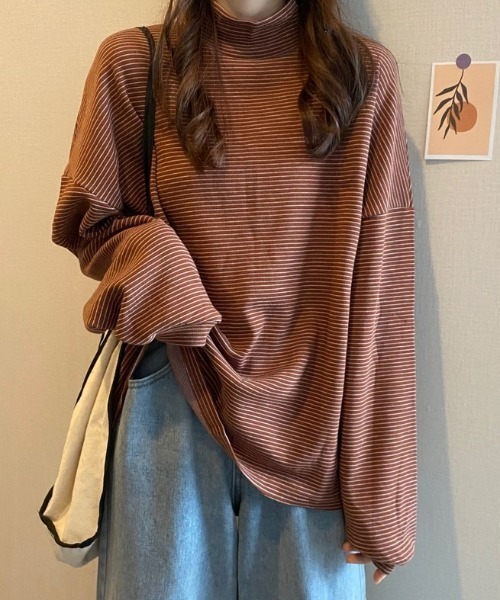 Diosfront(ディオスフロント)の「ハーフボーダーハイネックボリュームスリーブロンTee(Tシャツ/カットソー・レディース・ホワイト/ブラック/ブラウン・FREE)」の15枚目の写真