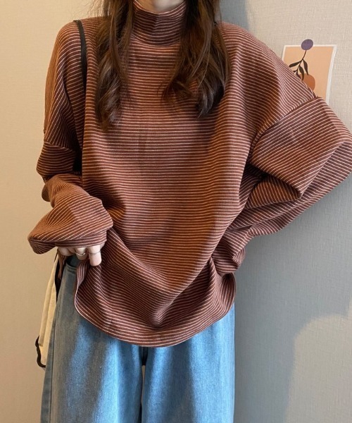 Diosfront(ディオスフロント)の「ハーフボーダーハイネックボリュームスリーブロンTee(Tシャツ/カットソー・レディース・ホワイト/ブラック/ブラウン・FREE)」の17枚目の写真