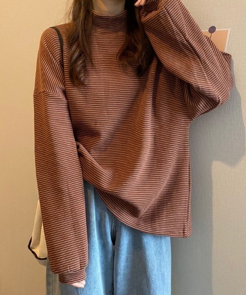 Diosfront(ディオスフロント)の「ハーフボーダーハイネックボリュームスリーブロンTee(Tシャツ/カットソー・レディース・ホワイト/ブラック/ブラウン・FREE)」の18枚目の写真