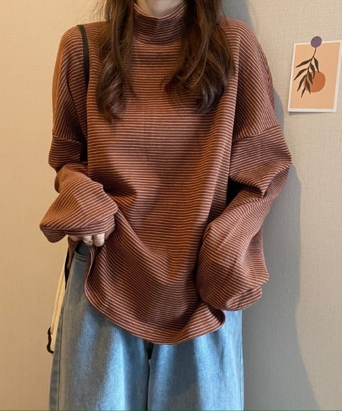 Diosfront(ディオスフロント)の「ハーフボーダーハイネックボリュームスリーブロンTee(Tシャツ/カットソー・レディース・ホワイト/ブラック/ブラウン・FREE)」の19枚目の写真