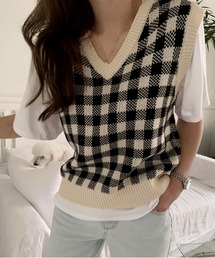 NANING9 チェックパターンニットベスト