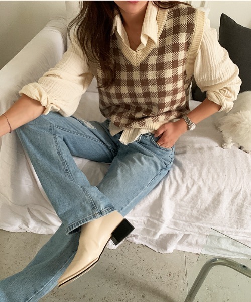 NANING9（ナンニング）の「NANING9 チェックパターンニットベスト（ベスト・レディース・ブラック/ダークベージュ・FREE）」の7枚目の写真