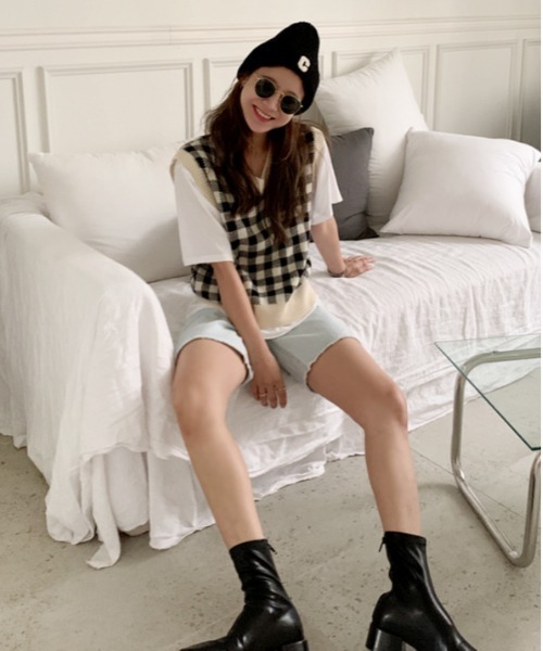 NANING9（ナンニング）の「NANING9 チェックパターンニットベスト（ベスト・レディース・ブラック/ダークベージュ・FREE）」の10枚目の写真