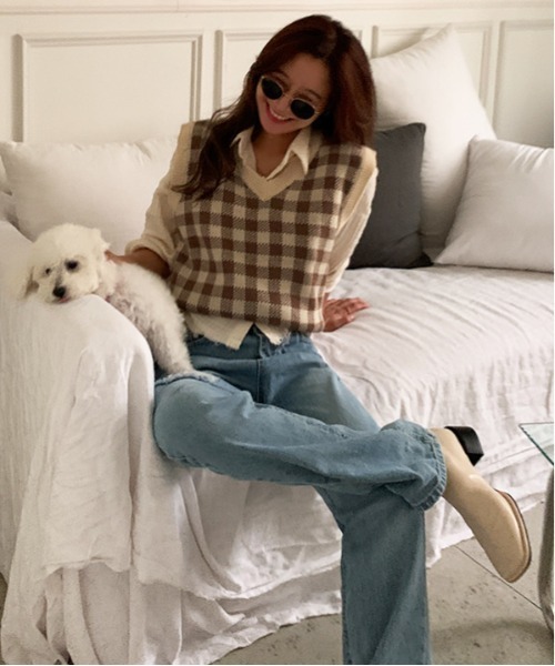 NANING9（ナンニング）の「NANING9 チェックパターンニットベスト（ベスト・レディース・ブラック/ダークベージュ・FREE）」の3枚目の写真