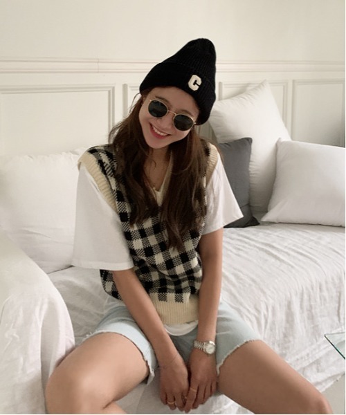 NANING9（ナンニング）の「NANING9 チェックパターンニットベスト（ベスト・レディース・ブラック/ダークベージュ・FREE）」の15枚目の写真