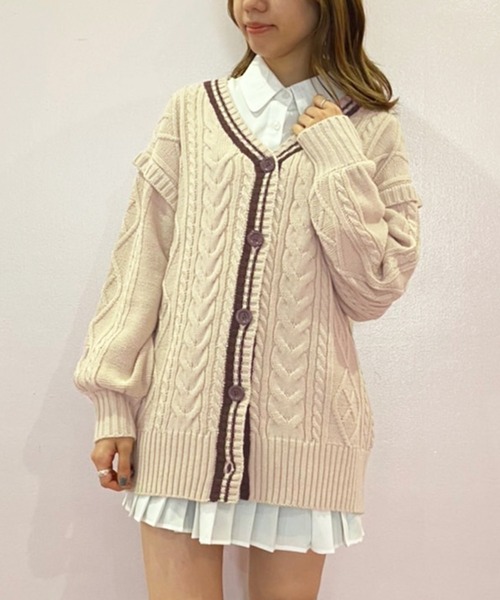 OLIVE des OLIVE（オリーブデオリーブ）の「ライン入りVネックカーディガン（カーディガン/ボレロ・レディース・ベージュ/ブラウン/オフホワイト・FREE）」の8枚目の写真