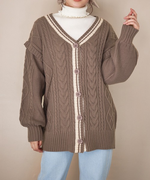 OLIVE des OLIVE（オリーブデオリーブ）の「ライン入りVネックカーディガン（カーディガン/ボレロ・レディース・ベージュ/ブラウン/オフホワイト・FREE）」の5枚目の写真