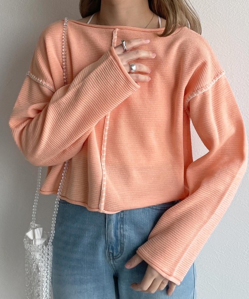 w closet（ダブルクローゼット）の「ステッチ入りショート丈プルオーバー（ニット/セーター・レディース・ブルー/ベージュ/グリーン/ピンク・FREE）」の4枚目の写真