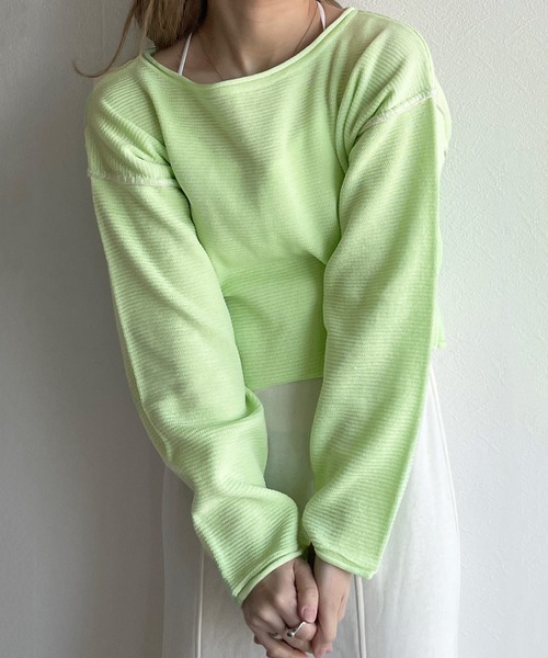 w closet（ダブルクローゼット）の「ステッチ入りショート丈プルオーバー（ニット/セーター・レディース・ブルー/ベージュ/グリーン/ピンク・FREE）」の3枚目の写真