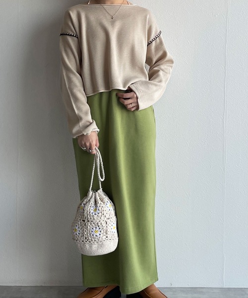 w closet（ダブルクローゼット）の「ステッチ入りショート丈プルオーバー（ニット/セーター・レディース・ブルー/ベージュ/グリーン/ピンク・FREE）」の13枚目の写真