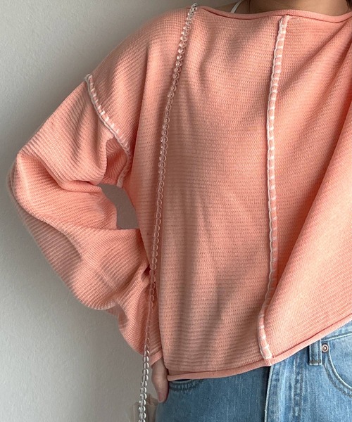 w closet（ダブルクローゼット）の「ステッチ入りショート丈プルオーバー（ニット/セーター・レディース・ブルー/ベージュ/グリーン/ピンク・FREE）」の6枚目の写真