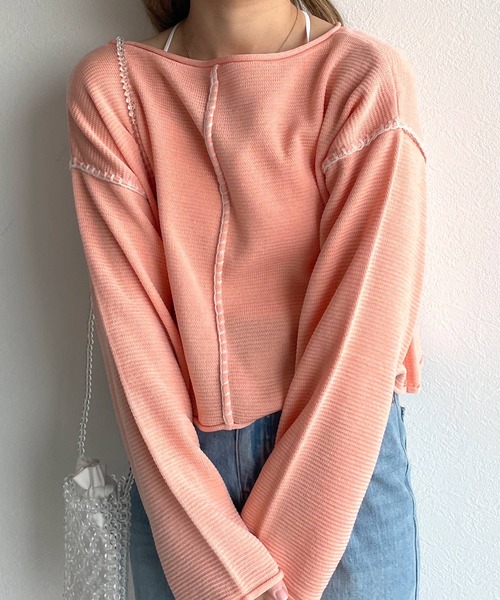 w closet（ダブルクローゼット）の「ステッチ入りショート丈プルオーバー（ニット/セーター・レディース・ブルー/ベージュ/グリーン/ピンク・FREE）」の19枚目の写真