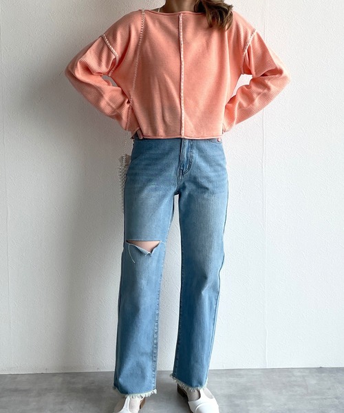 w closet（ダブルクローゼット）の「ステッチ入りショート丈プルオーバー（ニット/セーター・レディース・ブルー/ベージュ/グリーン/ピンク・FREE）」の15枚目の写真