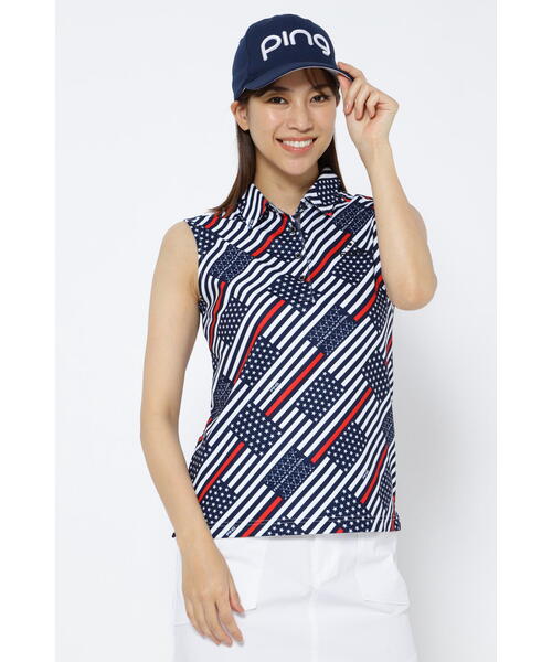 PING - coco 中古 ピン PING レディース ノースリーブ L 紺 ネイビー ポロシャツ スリーブレス 斜めストライプ PING - coco 中古 ピン PING レディース ノースリーブ L 紺