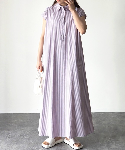 Riberry（リベリー）の「ストライプノースリシャツワンピース（シャツワンピース・レディース・オフホワイト/ラベンダー/ブラック・MEDIUM）」の3枚目の写真