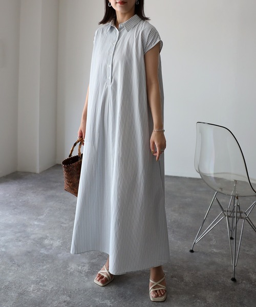 Riberry（リベリー）の「ストライプノースリシャツワンピース（シャツワンピース・レディース・オフホワイト/ラベンダー/ブラック・MEDIUM）」の18枚目の写真