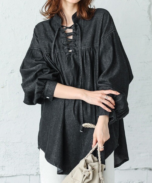 La-gemme(ラジェム)の「レースアップブラウス(シャツ/ブラウス・レディース・ライトブルー/ブラック系その他/ダークブルー・フリー)」の5枚目の写真