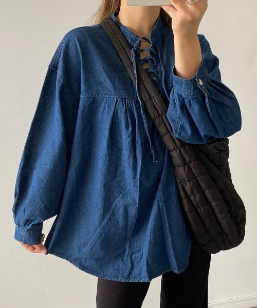 La-gemme(ラジェム)の「レースアップブラウス(シャツ/ブラウス・レディース・ライトブルー/ブラック系その他/ダークブルー・フリー)」の6枚目の写真