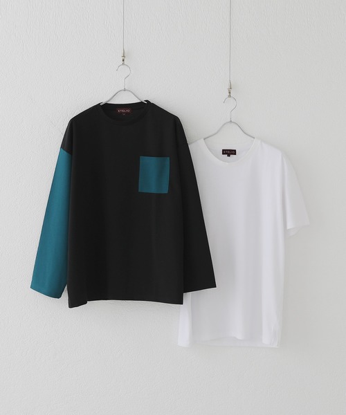 ETELIO（エテリオ）の「【2点セット】梨地ポケット付きクルーロングスリーブTシャツ ＆ 半袖Tシャツアンサンブルセット（Tシャツ/カットソー・メンズ・ブラック/ブルー/ワインレッド/ホワイト×ブラック/ブラック×ホワイト/ブルーグリーン/アッシュ/グリーン系/ホワイト・S/M/L）」の7枚目の写真