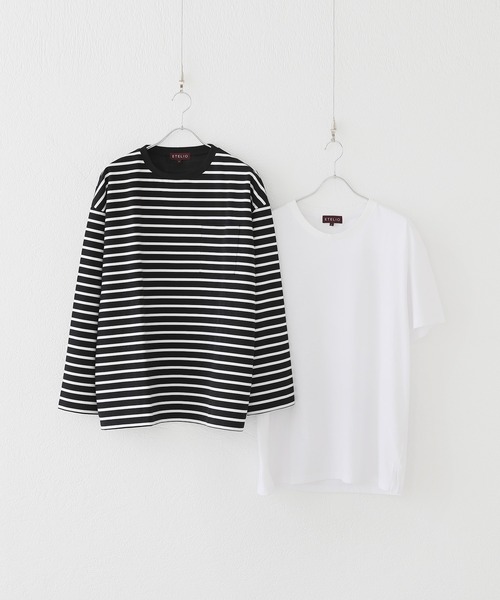 ETELIO（エテリオ）の「【2点セット】梨地ポケット付きクルーロングスリーブTシャツ ＆ 半袖Tシャツアンサンブルセット（Tシャツ/カットソー・メンズ・ブラック/ブルー/ワインレッド/ホワイト×ブラック/ブラック×ホワイト/ブルーグリーン/アッシュ/グリーン系/ホワイト・S/M/L）」の5枚目の写真