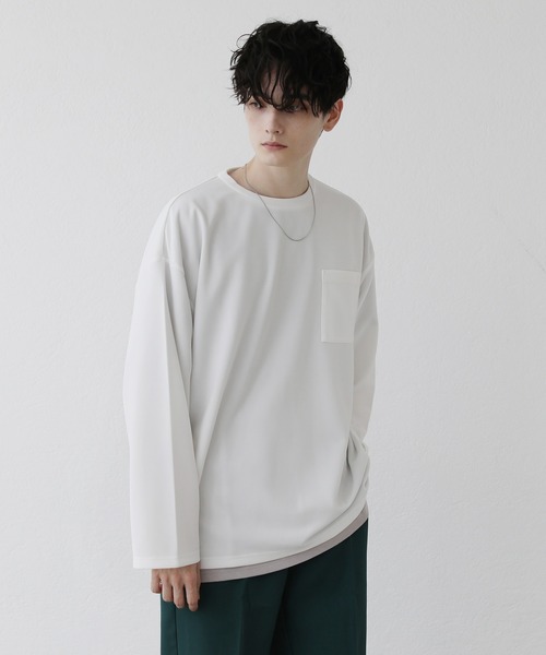 ETELIO（エテリオ）の「【2点セット】梨地ポケット付きクルーロングスリーブTシャツ ＆ 半袖Tシャツアンサンブルセット（Tシャツ/カットソー・メンズ・ブラック/ブルー/ワインレッド/ホワイト×ブラック/ブラック×ホワイト/ブルーグリーン/アッシュ/グリーン系/ホワイト・S/M/L）」の2枚目の写真