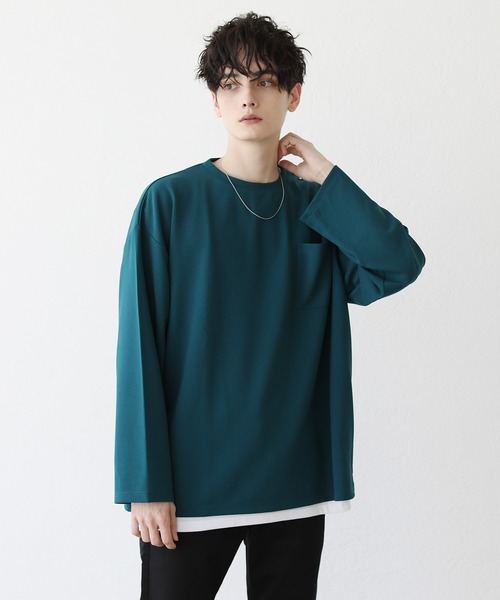 ETELIO（エテリオ）の「【2点セット】梨地ポケット付きクルーロングスリーブTシャツ ＆ 半袖Tシャツアンサンブルセット（Tシャツ/カットソー・メンズ・ブラック/ブルー/ワインレッド/ホワイト×ブラック/ブラック×ホワイト/ブルーグリーン/アッシュ/グリーン系/ホワイト・S/M/L）」の8枚目の写真