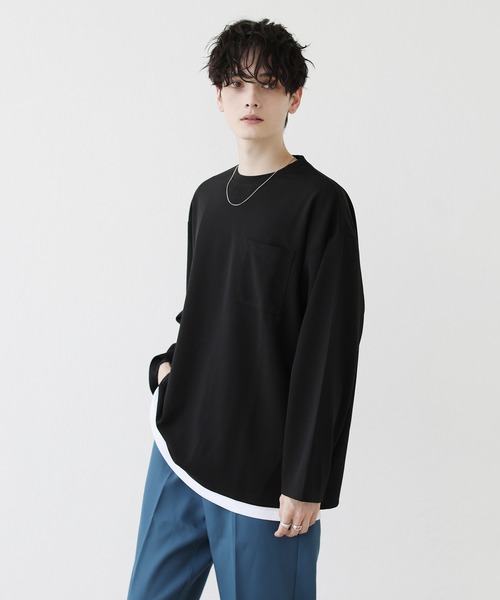 ETELIO（エテリオ）の「【2点セット】梨地ポケット付きクルーロングスリーブTシャツ ＆ 半袖Tシャツアンサンブルセット（Tシャツ/カットソー・メンズ・ブラック/ブルー/ワインレッド/ホワイト×ブラック/ブラック×ホワイト/ブルーグリーン/アッシュ/グリーン系/ホワイト・S/M/L）」の4枚目の写真