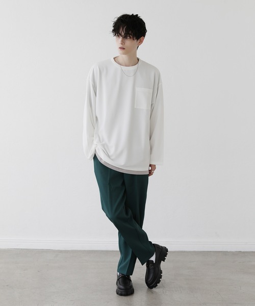 ETELIO（エテリオ）の「【2点セット】梨地ポケット付きクルーロングスリーブTシャツ ＆ 半袖Tシャツアンサンブルセット（Tシャツ/カットソー・メンズ・ブラック/ブルー/ワインレッド/ホワイト×ブラック/ブラック×ホワイト/ブルーグリーン/アッシュ/グリーン系/ホワイト・S/M/L）」の10枚目の写真