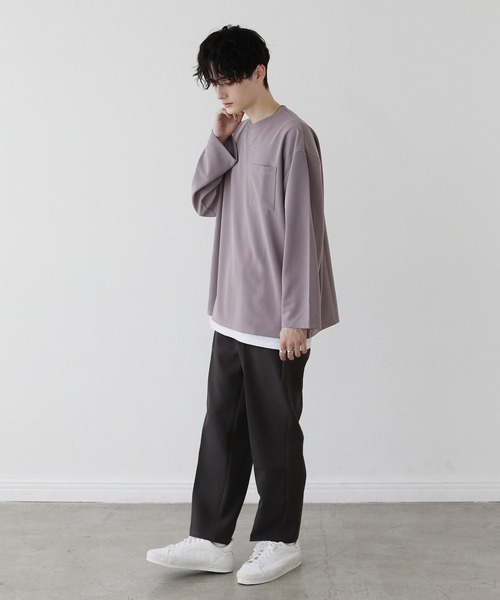 ETELIO（エテリオ）の「【2点セット】梨地ポケット付きクルーロングスリーブTシャツ ＆ 半袖Tシャツアンサンブルセット（Tシャツ/カットソー・メンズ・ブラック/ブルー/ワインレッド/ホワイト×ブラック/ブラック×ホワイト/ブルーグリーン/アッシュ/グリーン系/ホワイト・S/M/L）」の19枚目の写真