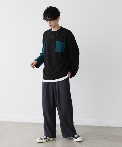 ETELIO（エテリオ）の「【2点セット】梨地ポケット付きクルーロングスリーブTシャツ ＆ 半袖Tシャツアンサンブルセット（Tシャツ/カットソー・メンズ・ブラック/ブルー/ワインレッド/ホワイト×ブラック/ブラック×ホワイト/ブルーグリーン/アッシュ/グリーン系/ホワイト・S/M/L）」の13枚目の写真